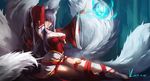  ahri_(league_of_legends) animal_ears breasts cleavage foxgirl gray_hair japanese_clothes jpeg_artifacts league_of_legends long_hair magic multiple_tails ribbons signed tail vafar7 yellow_eyes 