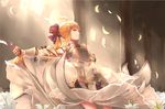  1761975416 armor blonde_hair dress fate/stay_night fate/unlimited_codes flowers green_eyes petals ponytail saber saber_lily sword weapon 