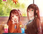  2girls brown_hair catcan cropped drink green_eyes idolmaster idolmaster_cinderella_girls long_hair orange_eyes ponytail seifuku shibuya_rin shimamura_uzuki tie 