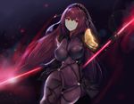  armor bodysuit cropped erect_nipples fate/grand_order fate/stay_night headdress hewsack lancer_(fate/grand_order) long_hair purple_hair red_eyes skintight spear weapon 