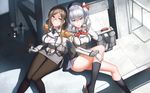  2girls blue_eyes brown_hair glasses gloves gray_hair green_eyes kantai_collection kashima_(kancolle) katori_(kancolle) kneehighs pantyhose skirt uniform yykuaixian 