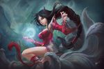  ahri ahri_(league_of_legends) animal_ears artist_name black_hair braids fox_ears fox_tail foxgirl league_of_legends mujia_liao multiple_tails pointed_ears pointy_ears signed tail yellow_eyes 