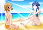  2girls aqua_eyes ass barefoot beach bikini blue_hair blush breasts brown_hair cleavage glasses hanayamata long_hair nishimikado_tami ponytail purple_eyes shirouzu_myuuta short_hair swimsuit tokiwa_machi 