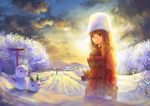  clouds gloves hat miyai_haruki original scenic sky snow snowman sunset torii tree winter 