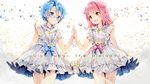  2girls anmi aoi_(houkago_no_pleiades) aqua_eyes aqua_hair bow bubbles dress glasses houkago_no_pleiades logo orange_eyes pink_hair short_hair subaru_(houkago_no_pleiades) wristwear 