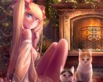  animal blonde_hair blue_eyes cat christmas cropped dress fire original ribbons silentcity tree twintails 