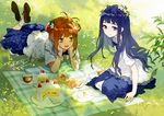  2girls aliasing blue_eyes blue_hair brown_hair cake card_captor_sakura daidouji_tomoyo drink flowers grass green_eyes headdress kero kinomoto_sakura leaves long_hair psd short_hair signed skirt socks 