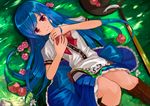  blue_hair boots flowers fruit hat hinanawi_tenshi long_hair muireko red_eyes skirt sword touhou weapon 