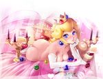  ass black-rayal blonde_hair blue_eyes breasts candle candlestand chin_rest cleavage crown dress dress_removed earrings elbow_gloves gem gloves high_heels highres jewelry long_hair lying mario_(series) medium_breasts nude princess_peach solo super_mario_bros. 