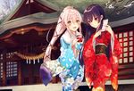  2girls aliasing black_hair building drink isokaze_(kancolle) japanese_clothes kantai_collection kimono long_hair pink_hair ponytail red_eyes rope saijou_yukina shrine yellow_eyes yura_(kancolle) 