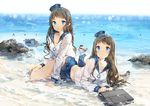  2girls animal anmi bird blue_eyes breasts brown_hair cleavage hat long_hair original seifuku water 