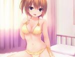  bed bikini brown_hair coffee-kizoku cropped melonbooks navel purple_eyes scan short_hair swimsuit 