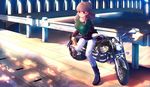  aliasing boots brown_hair drink idolmaster idolmaster_cinderella_girls kamiya_nao kumashou_(nabeyama_kaidou) long_hair motorcycle red_eyes 