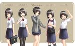  :d :o bag black_hair black_legwear blazer blush bob_cut brown_eyes cardigan glasses highres jacket looking_at_viewer multiple_girls open_mouth original pantyhose pleated_skirt sarekoube school_bag school_briefcase school_uniform serafuku short_hair skirt sleeves_past_wrists smile sweater_vest translated v 