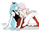  2girls aqua_hair breasts cleavage dress elbow_gloves funkid glasses hatsune_miku kneehighs long_hair megurine_luka pink_hair shoujo_ai skirt tattoo vocaloid white wink 