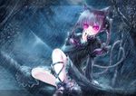  animal_ears bow braids catgirl dress forest kaenbyou_rin misaki_(kyal_001) multiple_tails night pink_eyes pointed_ears purple_hair rain tail touhou tree twintails water 