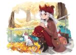  1girl animal autumn bag bangs black_footwear blush boots bow brown_coat brown_legwear cat coat coffee_cup commentary_request cup disposable_cup drink eyebrows_visible_through_hair eyes_closed fate/grand_order fate_(series) flower ginkgo ginkgo_leaf hair_between_eyes hair_bow hat holding holding_cup horned_headwear horns jehyun leaves long_hair long_skirt looking_at_viewer oni oni_horns open_clothes open_coat orange_eyes pantyhose parted_lips ponytail railing red_bow red_eyes red_hat red_skirt shirt silver_hair sitting sitting_on_stairs skirt solo stairs stone_stairs tomoe_gozen tomoe_gozen_(fate/grand_order) tree very_long_hair white_flower white_hair white_shirt 