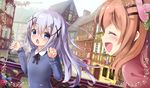  2girls :d ^_^ bangs blue_eyes blush brown_hair closed_eyes commentary_request dutch_angle eyebrows_visible_through_hair facing_another floating_hair flower gochuumon_wa_usagi_desu_ka? hair_between_eyes hair_flower hair_ornament hairclip highres hoto_cocoa kafuu_chino long_hair looking_at_another missile228 multiple_girls nose_blush open_mouth outdoors silver_hair smile town wavy_mouth x_hair_ornament 
