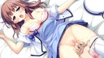  1girl ama_koi_syrups amakoi_syrups bed blush bow bow_panties bra breasts brown_hair cleavage female female_ejaculation fingering game_cg long_hair looking_at_viewer lying male_hand mint_cube mound_of_venus nipple_slip nipples on_back open_mouth open_shirt pan_(mimi) panties panty_pull purple_eyes pussy pussy_juice solo_focus suimya sweat thighhighs uncensored underwear watanuki_tsuyuri white_legwear wince 