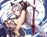  animal_ears breasts brown_eyes cleavage cropped granblue_fantasy headband heles kyouya_(mukuro238) long_hair spear weapon white_hair 