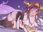  aliasing blush breasts brown_hair cleavage headdress japanese_clothes kantai_collection kongou_(kancolle) long_hair mtu nopan panty_pull purple_eyes signed thighhighs wink 