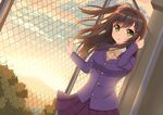  bow brown_hair green_eyes kurisu-kun long_hair original skirt sunset 