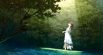  5_nenme_no_houkago black_hair forest kantoku original photoshop scan scenic shade shizuku_(kantoku) summer_dress tree water 