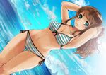  arios_(orochi_yuta) bikini breasts brown_hair cleavage clouds green_eyes long_hair navel original sky swimsuit water 