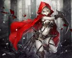  armor blood breasts cape cleavage hoodie little_red_riding_hood navel original red_riding_hood senano-yu sword weapon white_hair yellow_eyes 