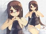  arima_senne breasts brown_hair glasses kashiwamochi_yomogi long_hair original red_eyes school_swimsuit shower swimsuit zoom_layer 