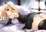  ass bed blonde_hair blue_eyes bra elbow_gloves inui_eri long_hair mutou_kurihito open_shirt panties pantyhose petals sky_world underwear 