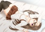  bed breasts brown_hair cleavage kurisu-kun long_hair navel original purple_eyes seifuku shirt thighhighs wink 