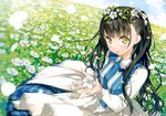 absurdres bangs black_hair blush cloud collar day dress field flower frills hair_ornament head_wreath highres huge_filesize kantoku lace leaf long_hair looking_at_viewer nagisa_(kantoku) open_mouth original outdoors petals plaid scan sky solo two_side_up yellow_eyes 