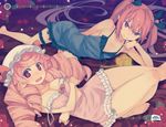  2girls breast_hold breasts cleavage flat_chest garter pajamas pink_hair pointed_ears scan sumaki_shungo tagme twintails 