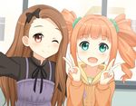  2girls aliasing aqua_eyes blonde_hair brown_eyes brown_hair close dress headband hoodie idolmaster kurisu-kun long_hair minase_iori takatsuki_yayoi twintails wink 