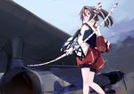  aircraft blockhead_bh bow_(weapon) brown_eyes brown_hair headband japanese_clothes kantai_collection long_hair ponytail shorts weapon zuihou_(kancolle) 