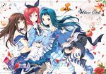  alice_in_wonderland aqua_eyes aqua_hair brown_hair crossover dress flowers food hat headdress idolmaster_cinderella_girls long_hair love_live!_school_idol_project mocha_(naturefour) navel nishikino_maki pantyhose petals purple_eyes red_eyes red_hair shibuya_rin short_hair skirt tendouji_musubi thighhighs tokyo_7th_sisters 