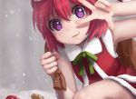  akaza_akari aliasing bow christmas cropped novcel purple_eyes red_hair ribbons santa_costume short_hair snow yuru_yuri 