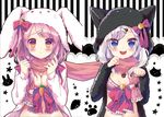  2girls animal_ears bell blue_eyes blush bow breasts bunnygirl catgirl cleavage hoodie mizuki_yuuma necklace orange_eyes original pink_hair purple_eyes scarf white_hair 