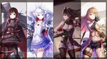  blake_belladonna blood cape gloves navel pantyhose red_flowers ruby_rose rwby scythe shorts sword thighhighs weapon weiss_schnee wink yang_xiao_long 