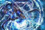  aliasing armor blue_hair bow_(weapon) breasts cleavage hakura_kusa long_hair navel original tiara water weapon 