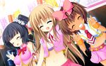  black_hair blonde_hair blush bow brown_hair dark_skin fang game_cg huei_hazuki kirishima_nono kurasuke long_hair low_rise!!! moriyama_rin navel ponytail sawai_kogiri short_hair wet wristwear 