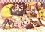  2girls blonde_hair candy cat_smile elbow_gloves futaba_anzu halloween idolmaster idolmaster_cinderella_girls long_hair maichaso moroboshi_kirari navel skirt thighhighs twintails wristwear 