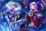  2girls ekita_gen flandre_scarlet flowers garter gloves hat kneehighs moon night pointed_ears ponytail remilia_scarlet rose short_hair stars thighhighs touhou vampire wings 