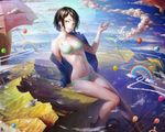  aircraft bikini black_hair breasts cleavage clouds cropped green_eyes nababa navel open_shirt original rainbow scenic short_hair sky swimsuit umbrella wings 