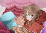  animal_ears aqua_eyes bed blush bow brown_hair cape hoodie little_red_riding_hood ne-ne original red_riding_hood teddy_bear wolfgirl 