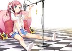  absurdres blue_eyes blush chiyoda_momoka headphones highres kantoku koi_suru_kanojo_no_bukiyou_na_butai microphone pink_hair ponytail sitting skirt socks solo 