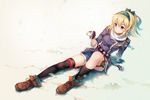  anthropomorphism blonde_hair boots bow butterfly kneehighs pink_eyes ponytail scarf shorts thighhighs youqiniang 