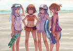  akatsuki_(kancolle) beach blue_eyes brown_eyes brown_hair choker goggles gray_hair group hat hibiki_(kancolle) ikazuchi_(kancolle) inazuma_(kancolle) kantai_collection kosai_takayuki long_hair navel short_hair skirt swim_ring swimsuit water white_hair 