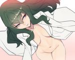  ban breasts cleavage fuwa_hyouka green_hair long_hair naked_shirt navel shimoneta_to_iu_gainen_ga_sonzai_shinai_taikutsu_na_sekai 